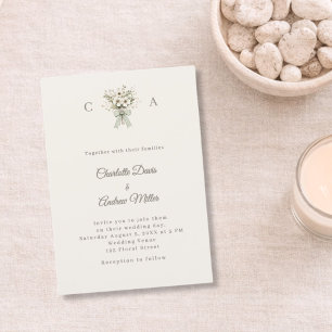 Ivory taupe monogrammed floral green wedding  invitation