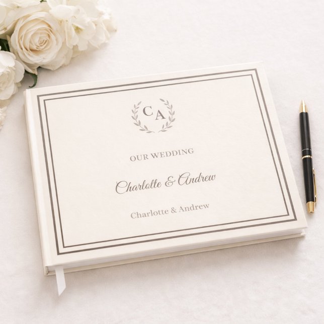Ivory taupe monogrammed wreath wedding guest book (Creator Uploaded)