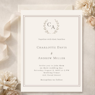 Ivory taupe wreath monogrammed wedding invitation