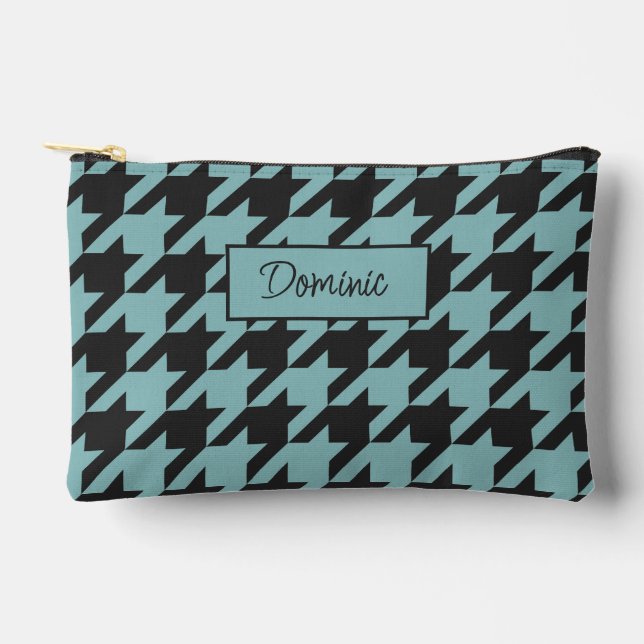 Ivory Teal Blue Seafoam Green Houndstooth Pattern Accessory Pouch (Front)