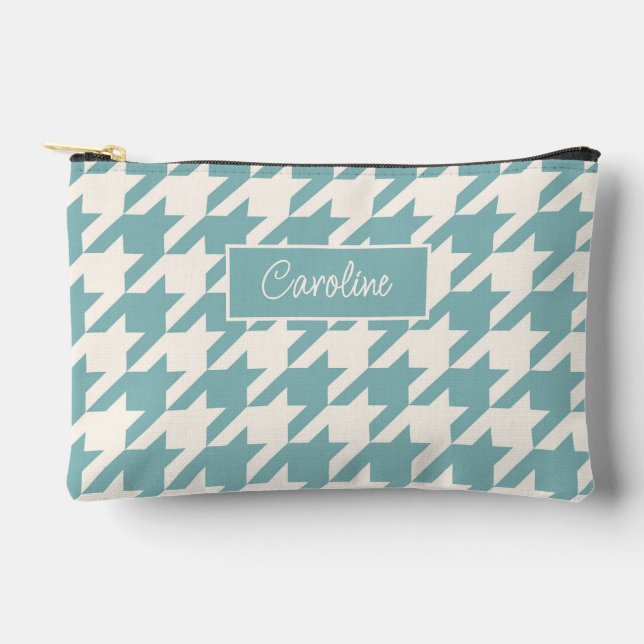 Ivory Teal Blue Seafoam Green Houndstooth Pattern Accessory Pouch (Front)