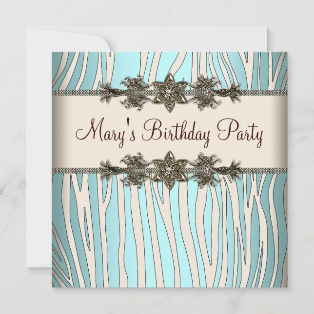 Ivory Teal Blue Zebra Womans Birthday Party Invitation (Front)