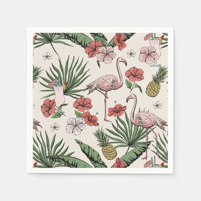 Ivory Tropical Flamingo Floral Pattern Napkin (Front)