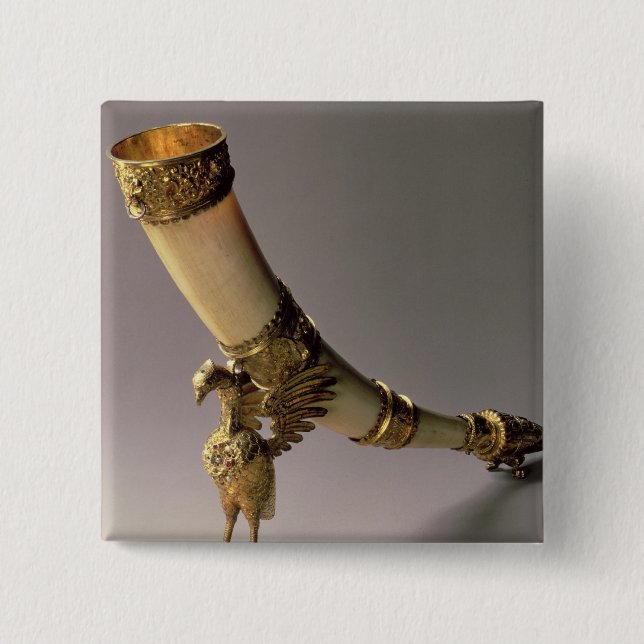 Ivory tusk drinking horn with silver-gilt mounts 2 inch square button (Front)