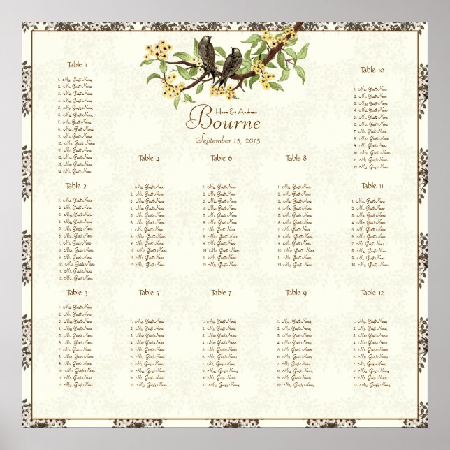 Ivory Vintage Birds Seating Chart (Front)