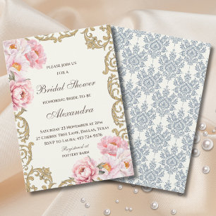 Ivory Vintage Floral Pink Peony Bridal Shower Invitation