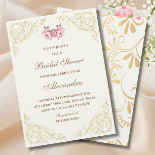 Ivory Vintage Floral Pink Peony Bridal Shower Invitation