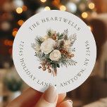 Ivory Watercolor Floral Christmas Return Address Classic Round Sticker<br><div class="desc">This holiday return address sticker features watercolor winter bouquet of ivory roses,  evergreen boughs and pine cones in neutral shades. Add your family's name around the top edge in olive green serif font and your address below.</div>