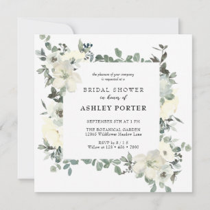 Ivory Watercolor   Floral Eucalyptus Bridal Shower Invitation