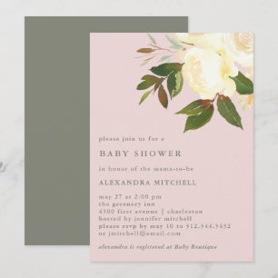 Ivory Watercolor Florals on Blush   Baby Shower Invitation