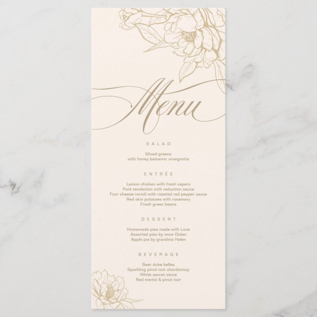 Ivory Wedding Menu card, with gold floral Peony (Front)