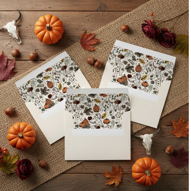 Ivory Western Cow Skull Fall Harvest Pattern Envelope (Elegant Western Fall Envelopes for Thanksgiving or Autumn Celebrations. Cow Skull & Pumpkins Pattern)