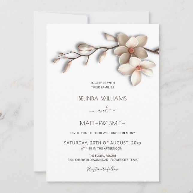 Ivory White 3D Magnolia Flower Wedding Invitation (Front)