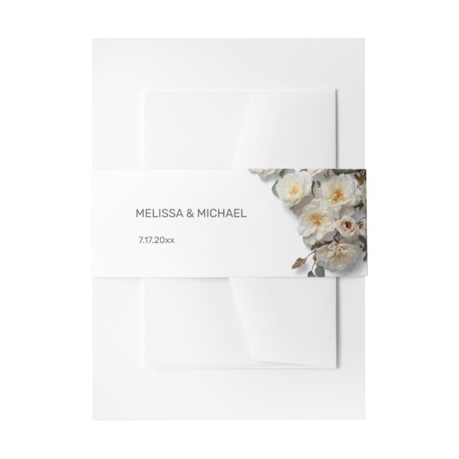 Ivory White 3D Roses Wedding Invitation Belly Band (Front Example)