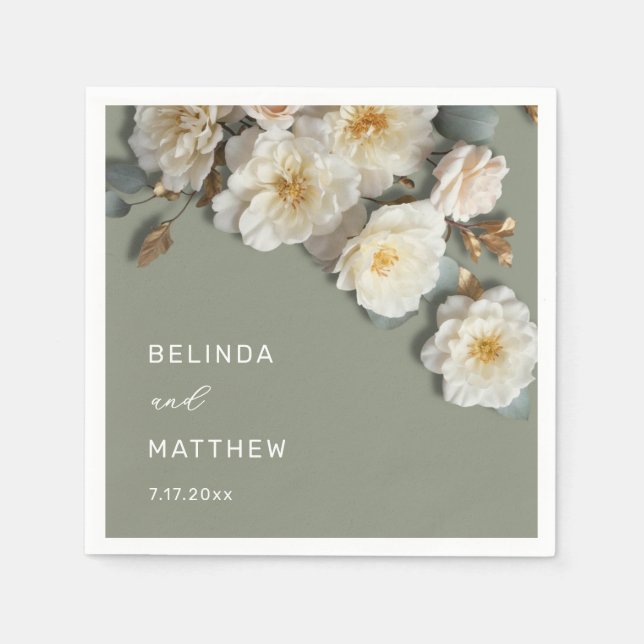 Ivory White 3D Roses Wedding Napkin (Front)
