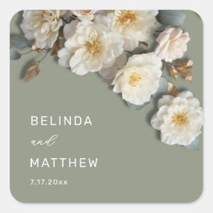 Ivory White 3D Roses Wedding Square Sticker