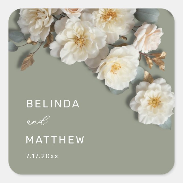 Ivory White 3D Roses Wedding Square Sticker (Front)