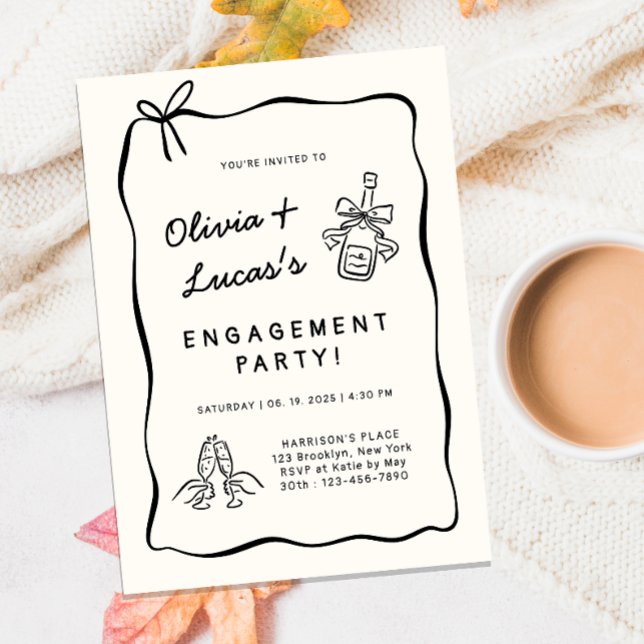 Ivory White & Black Hand-Drawn Engagement Party Invitation (Creator Uploaded)