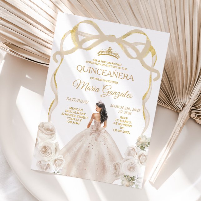 Ivory White Bow Princess Gold Crown Quinceañera Invitation (Creator Uploaded)