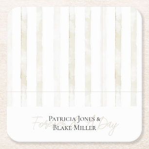 Ivory White Cream Stripes Wedding Square Paper Coaster