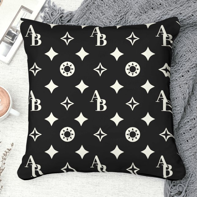 Ivory White Custom Initial Monogram Pattern Black Throw Pillow (Creator Uploaded)