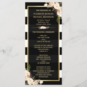 Ivory White Floral B&W Striped Wedding Program
