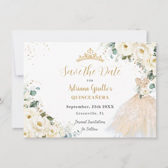 Ivory White Floral Champagne Dress Quinceañera XV Save The Date (Front)