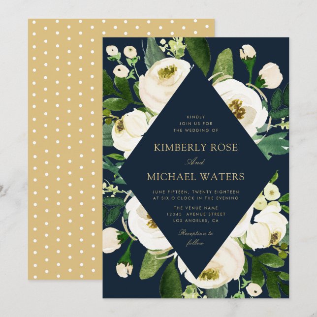 Ivory white floral frame navy wedding invitation (Front/Back)