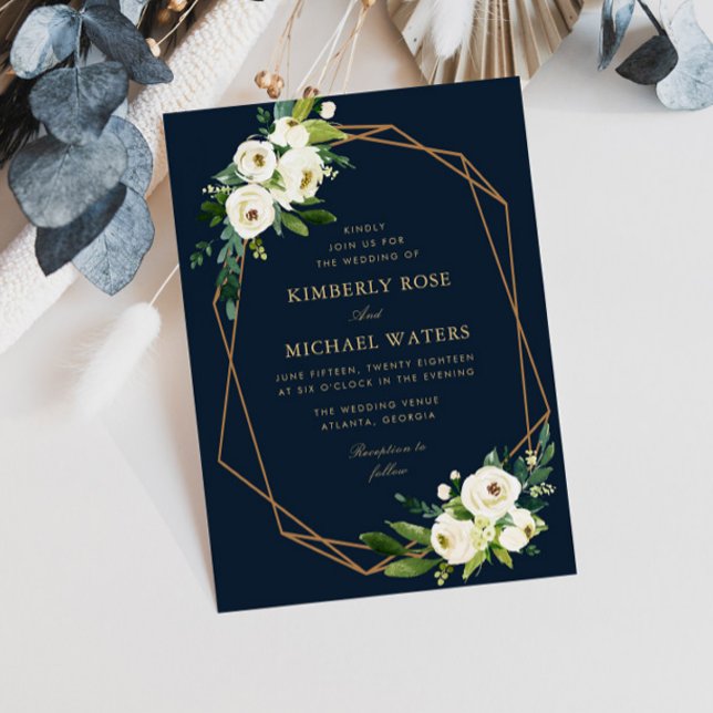 Ivory white floral geometrical navy wedding invitation (Creator Uploaded)
