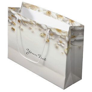 Ivory White Floral Gold Leaves Gift Bag