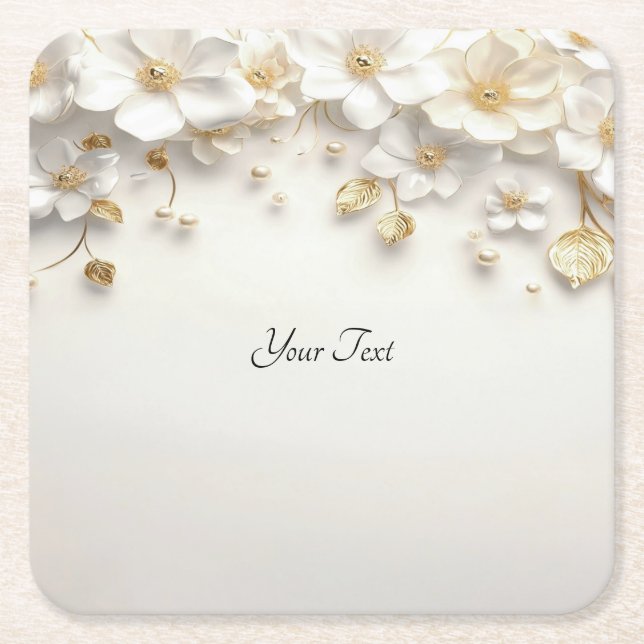Ivory White Floral Gold Leaves Paper Coaster (Front)