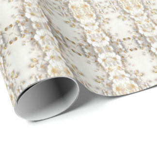 Ivory White Floral Gold Leaves Wrapping Paper