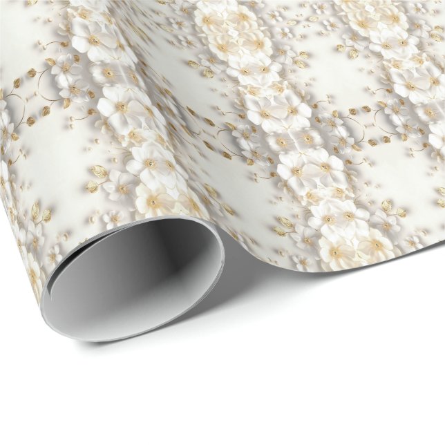 Ivory White Floral Gold Leaves Wrapping Paper (Roll Corner)