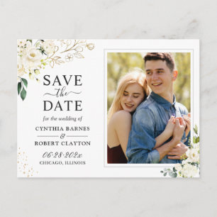 Ivory White Floral Gold Photo Save the Date Postcard