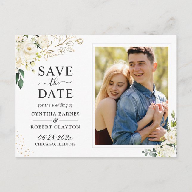 Ivory White Floral Gold Photo Save the Date Postcard (Front)