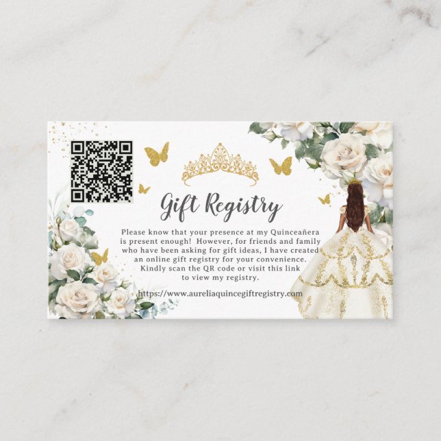 Ivory White Floral Gold Quinceañera Gift Registry Enclosure Card (Front)