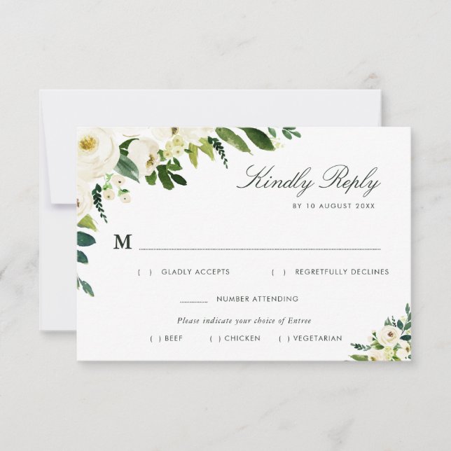 Ivory white floral meal choice RSVP card (Front)