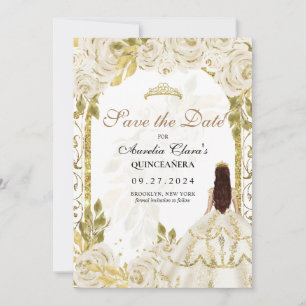 Ivory White Floral Princess Gold Arch Quinceanera Announcement