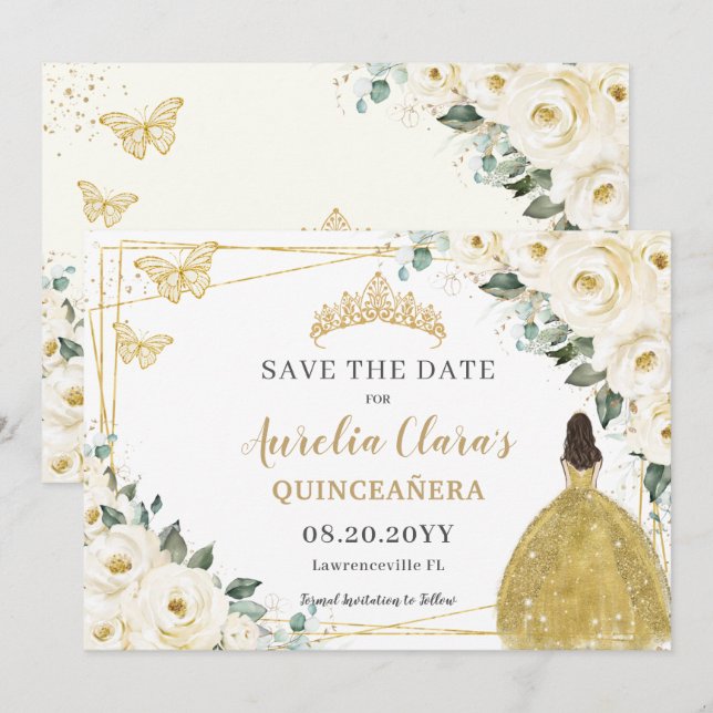 Ivory White Floral Quinceanera Sweet 16 Princess  Save The Date (Front/Back)