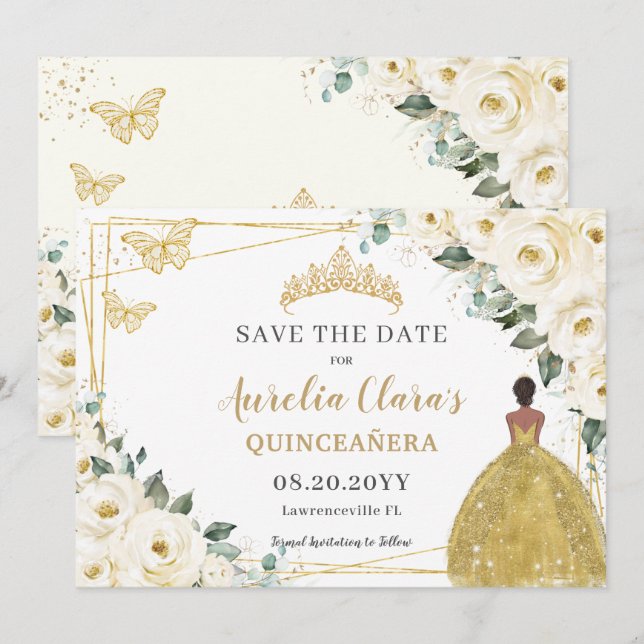 Ivory White Floral Quinceanera Sweet 16 Princess Save The Date (Front/Back)