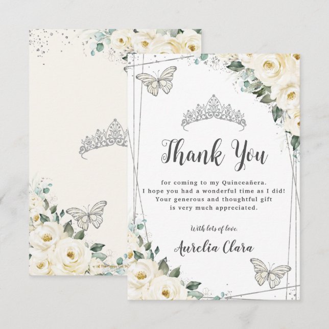 Ivory White Floral Silver Butterflies Quinceañera  Thank You Card (Front/Back)