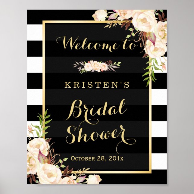 Ivory White Floral Stripes Bridal Shower Sign (Front)