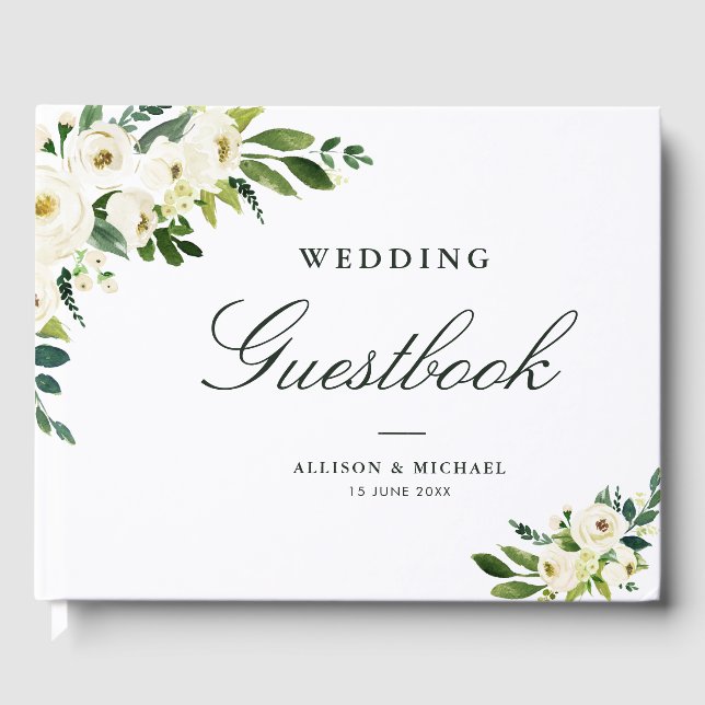 Ivory white floral wedding guest book (Front)