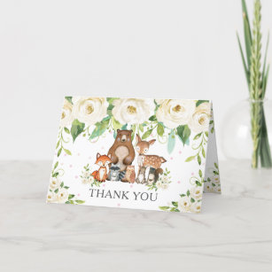 Ivory White Floral Woodland Animals Baby Shower Thank You Card
