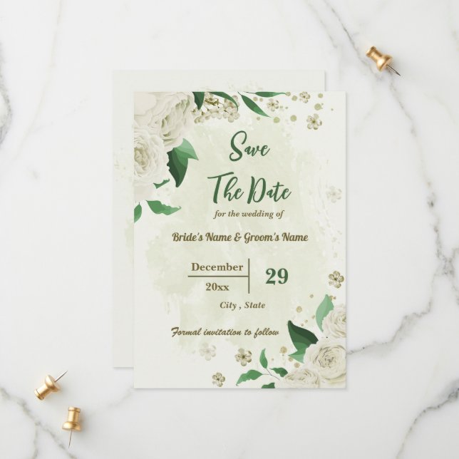 ivory white flowers botanical wedding save the date (Front/Back In Situ)