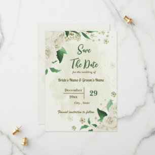 ivory white flowers botanical wedding save the date