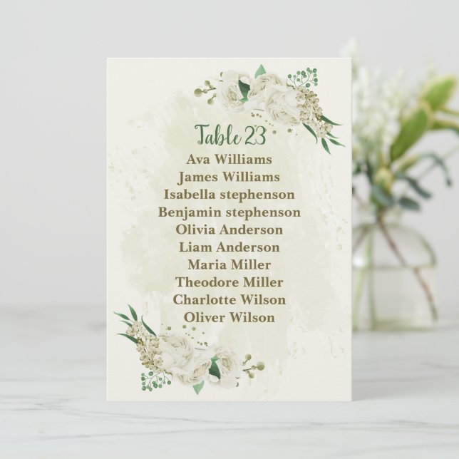 Ivory white flowers greenery seating chart card (Standing Front)
