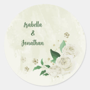 Ivory white flowers greenery wedding classic round sticker