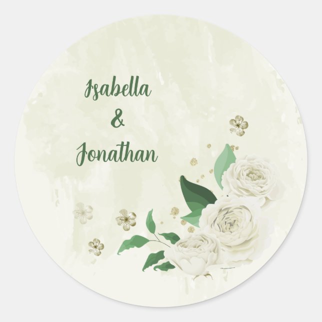 Ivory white flowers greenery wedding classic round sticker (Front)