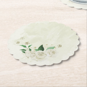 Ivory white flowers greenery wedding paper coaster